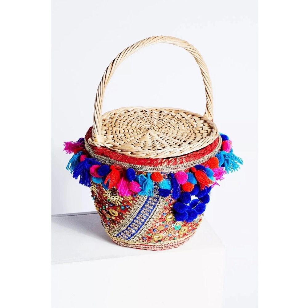 Free People Hand Bag Embellished Straw Basket Beach Picnic Hippie Boho Festival